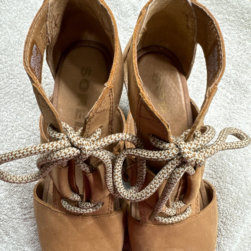 Sorel Joanie Lace Wedge Sandals Saddle Brown Peep Toe Women's Size 8 - Picture 5 of 7